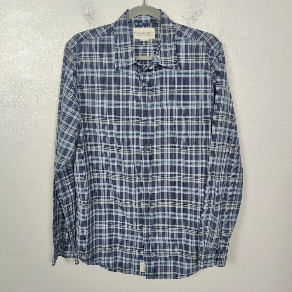 Ralph Lauren Denim & Supply Shirt Men's Large Blue Plaid Cotton Button Up